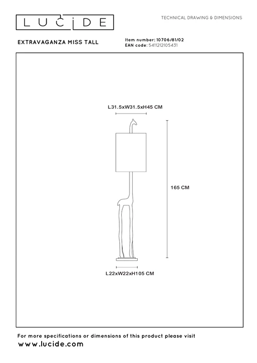 Lucide EXTRAVAGANZA MISS TALL - Stehlampe - Ø 31,5 cm - 1xE27 - Mattes Gold / Messing - technisch